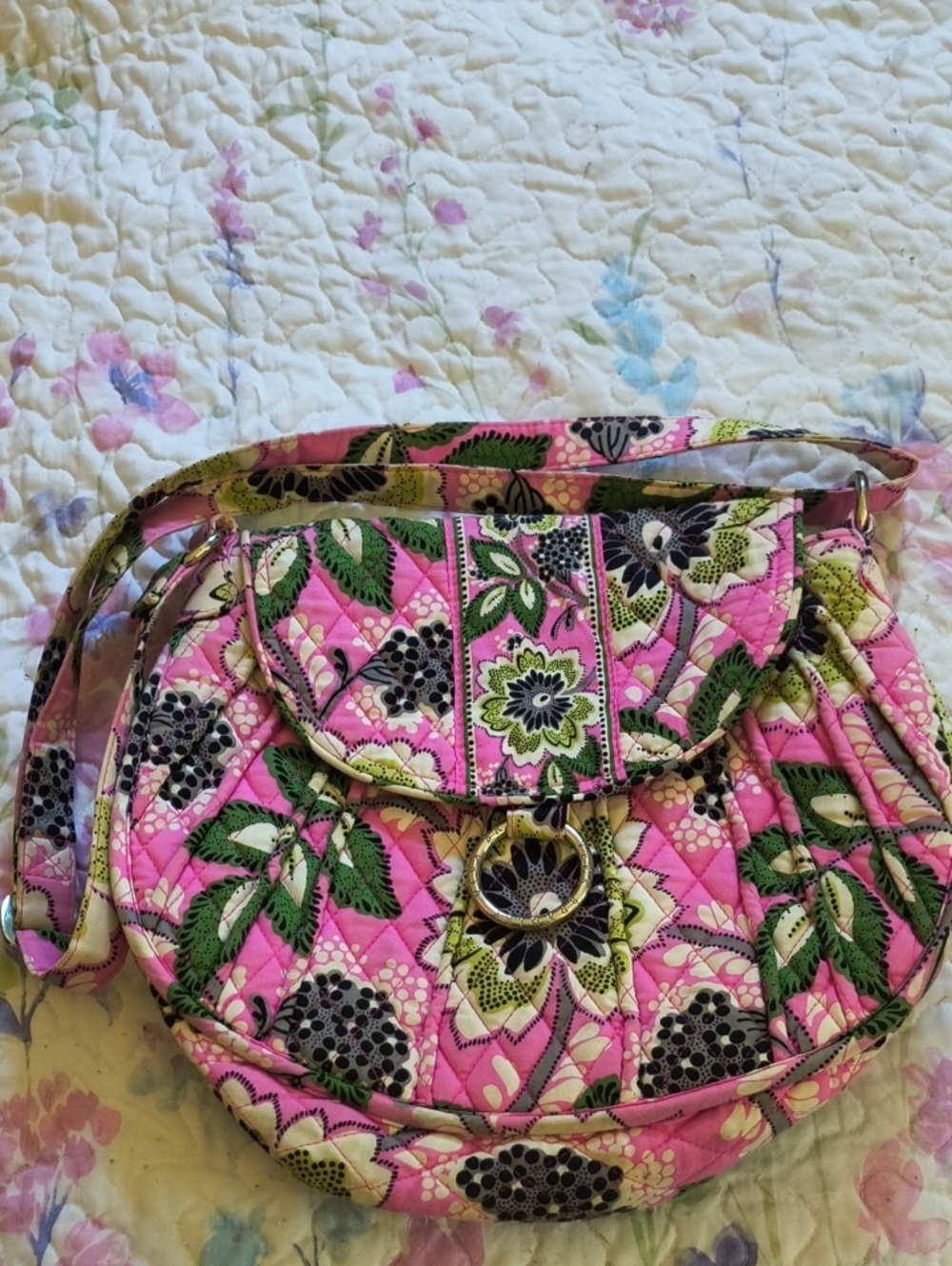 Vera Bradley Pink Floral Quilted Shoulder Bag with Green and Black Accents